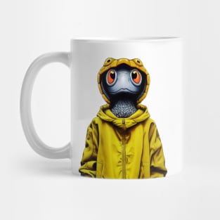 A turtle grey with yellow raincoat Mug